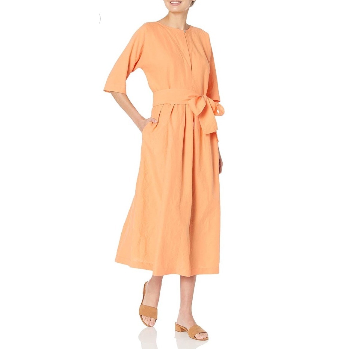 Vince Linen Cotton Boat Neck Golden Sunset Belted Half Sleeve Dress Small